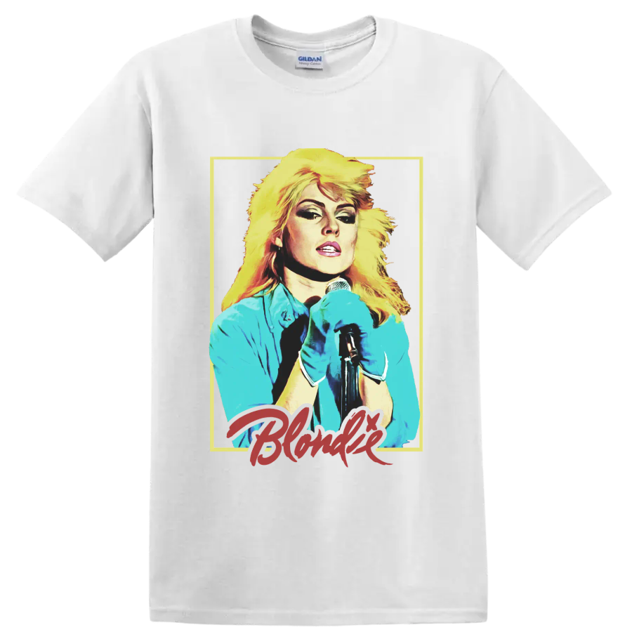 Debbie Harry of Blondie punk rock singer portrait with microphone on a White T Shirt