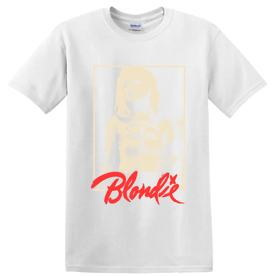 Blondie vintage punk rock portrait with red script graphic print on a White T Shirt