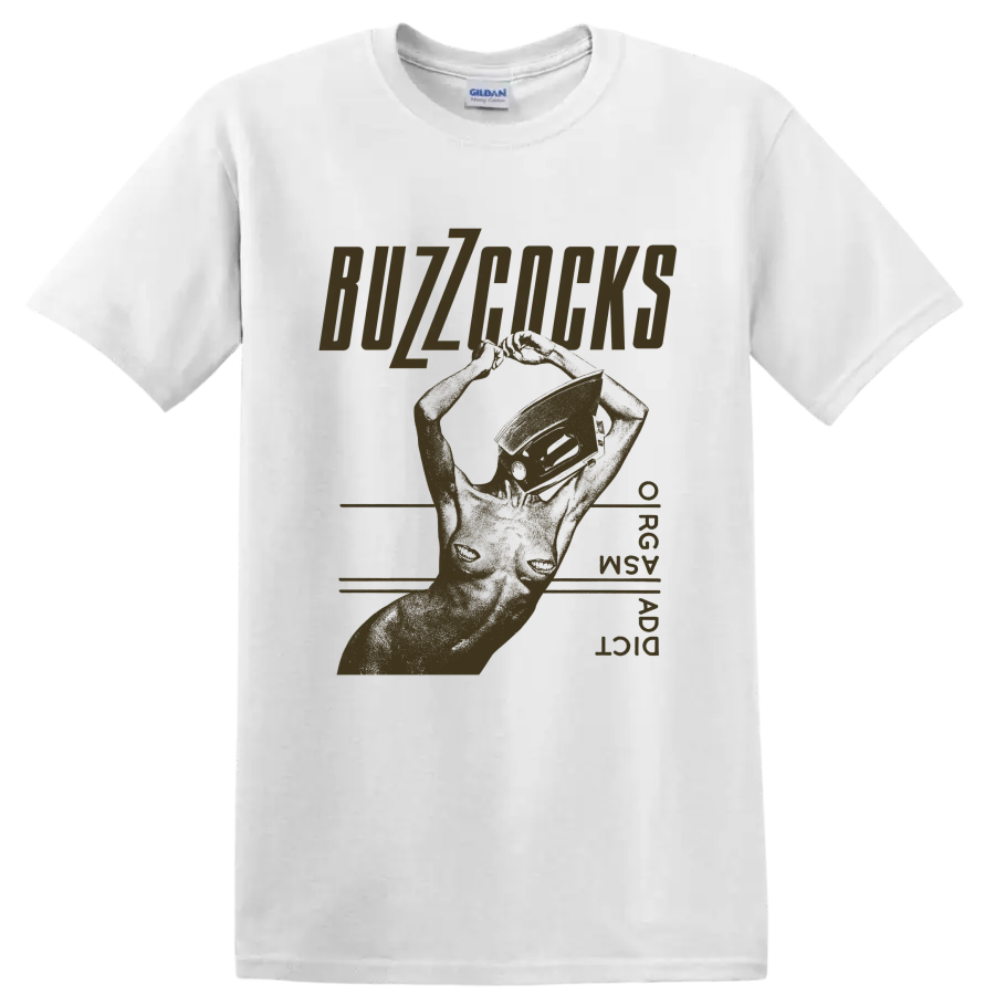 Buzzcocks distressed punk graphic with bold lettering and angular hand artwork on a White T Shirt