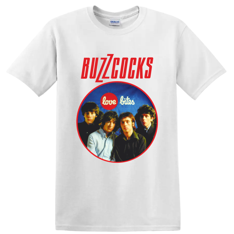 Buzzcocks punk rock band portrait with Love Bites graphic on a White T Shirt