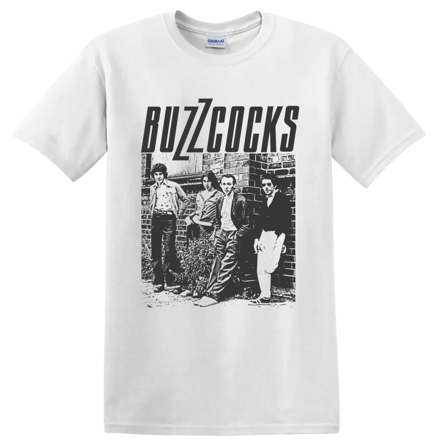 Buzzcocks distressed punk rock lettering with gritty monochrome artwork on a White T Shirt