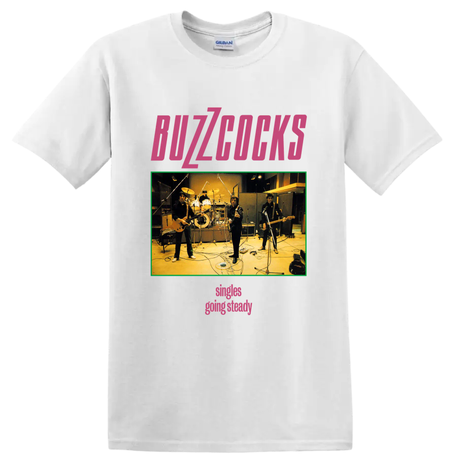 Buzzcocks punk rock band studio photo graphic with pink lettering on a White T Shirt