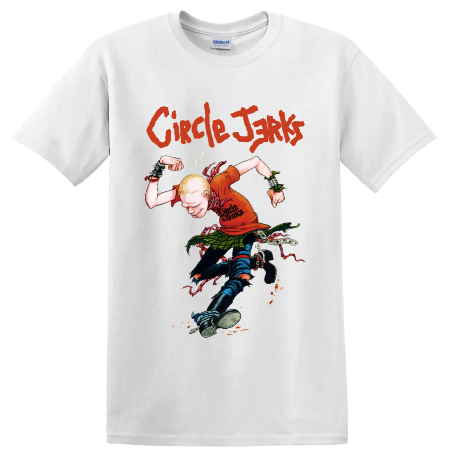 Circle Jerks punk rock graphic with illustrated figure and distressed lettering on a White T Shirt