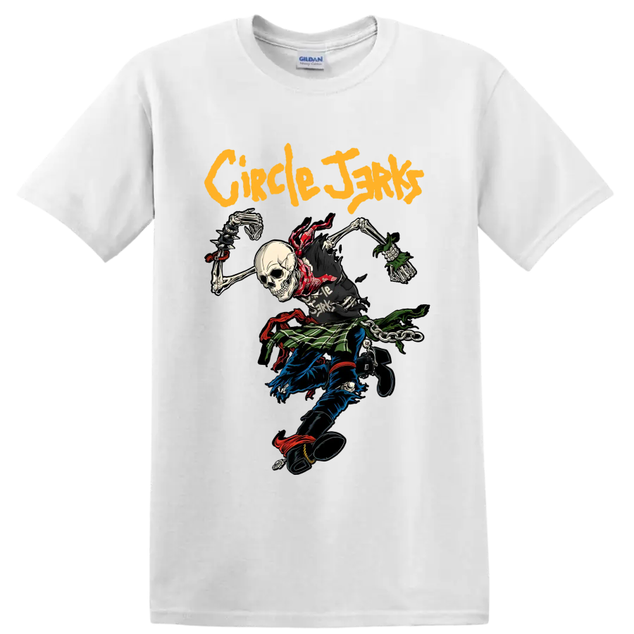 Circle Jerks punk rock skeleton graphic with bold yellow lettering on a White T Shirt