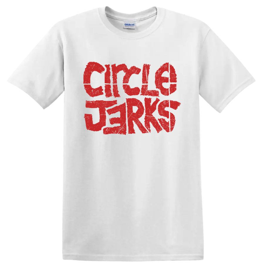 Distressed red Circle Jerks punk rock band lettering graphic on a White T Shirt