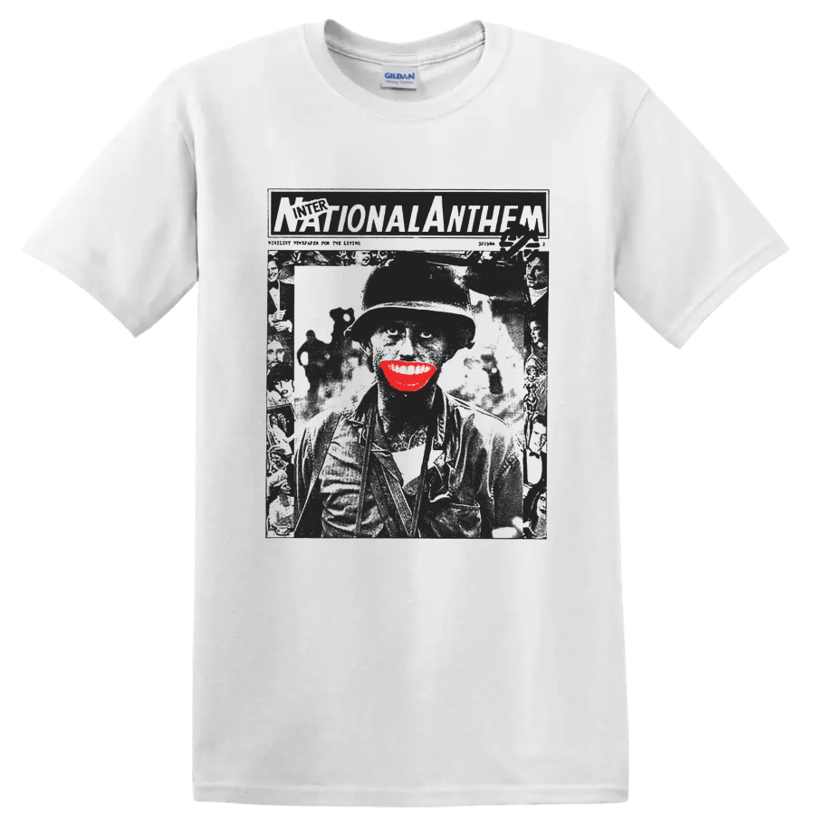 Crass punk rock distressed poster graphic with vivid red accent on a White T Shirt