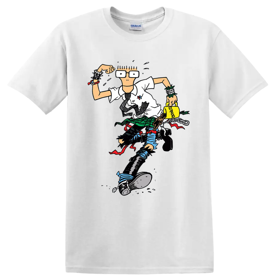 Descendents punk rock character illustration with oversized glasses and plaid details on a White T Shirt