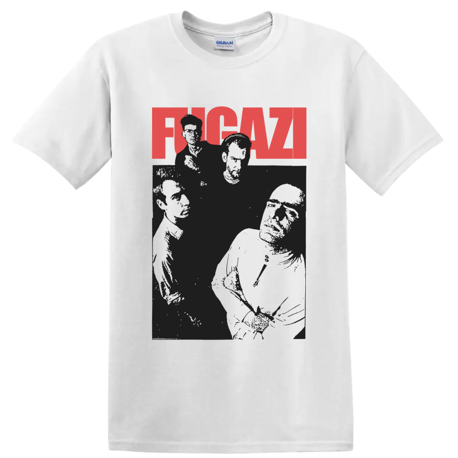 Fugazi punk rock graphic with red FUGAZI lettering and dark band portraits on a White T Shirt