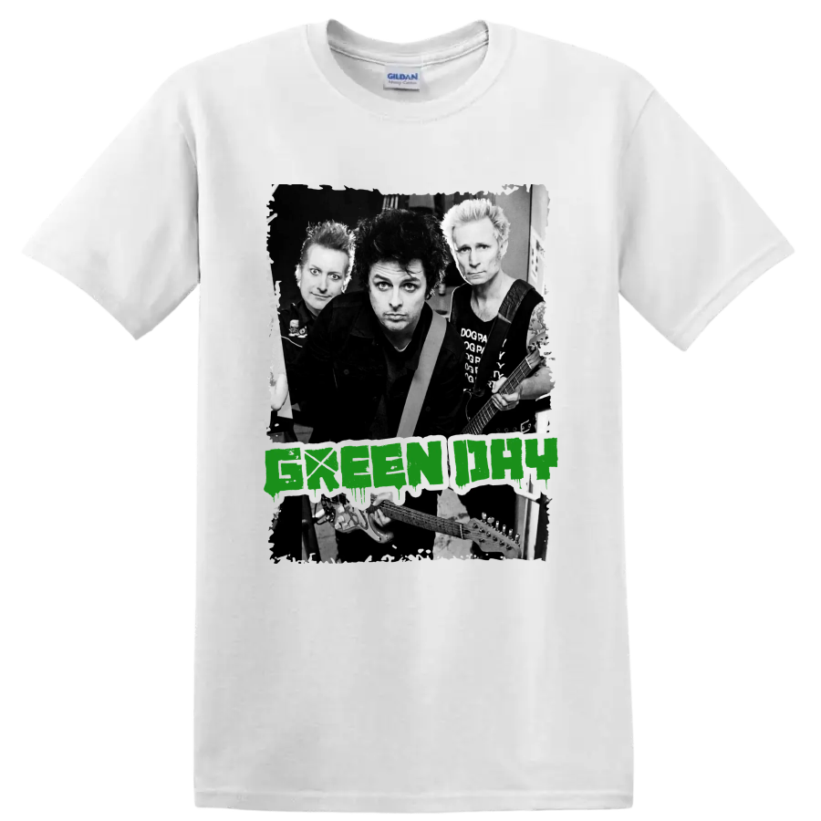 Green Day punk rock band portrait with guitars and distressed green lettering on a White T Shirt