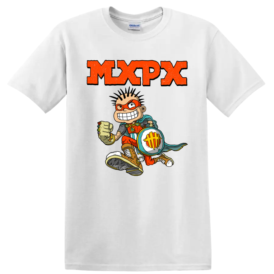MxPx punk rock graphic with comic skateboarder and distressed orange lettering on a White T Shirt
