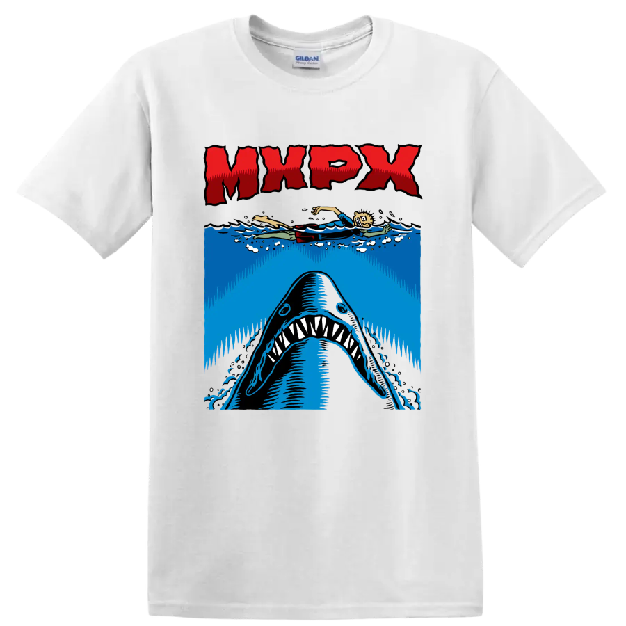 MxPx punk rock shark graphic with swimmer and ocean waves on a White T Shirt