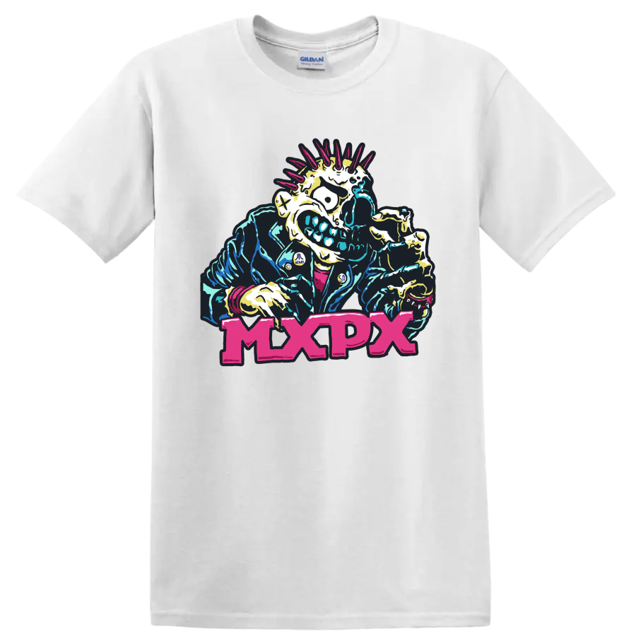 MxPx punk rock mohawked skeleton graphic with bold pink lettering on a White T Shirt