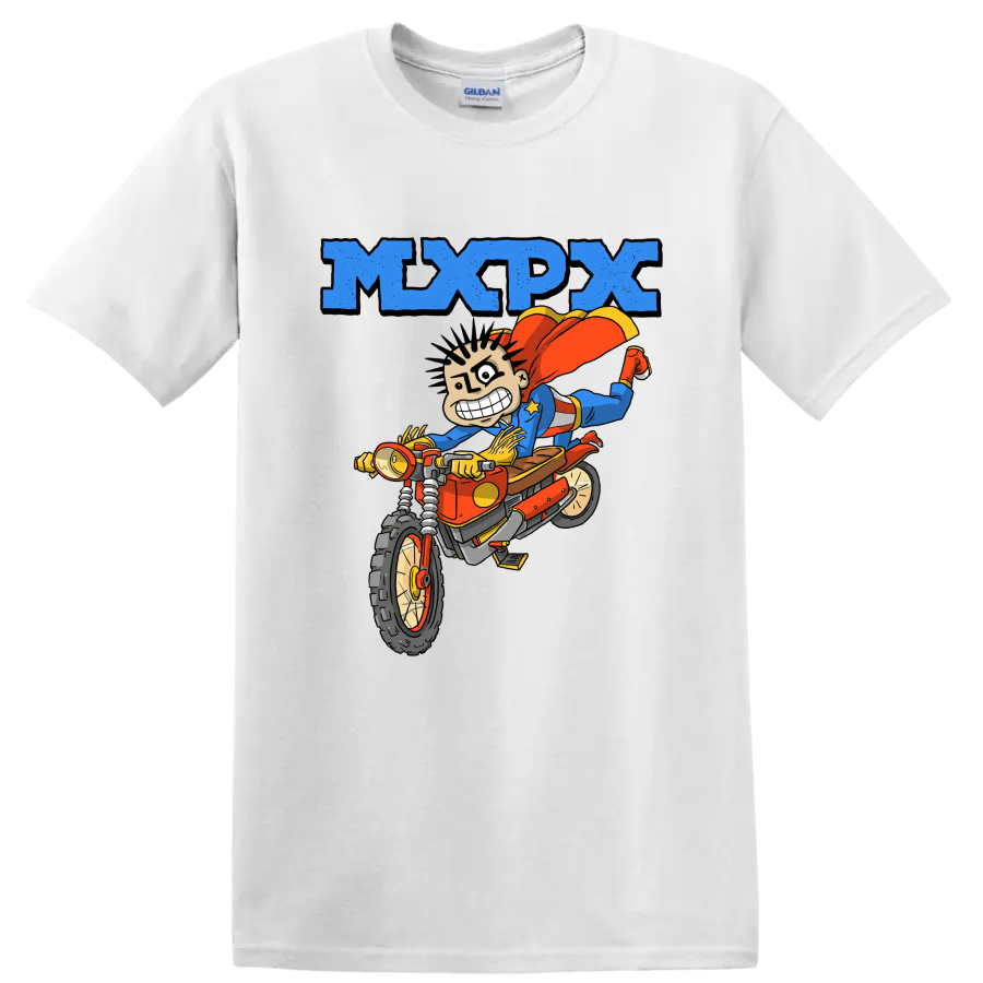 MxPx punk rock cartoon rider on dirt bike graphic on a White T Shirt