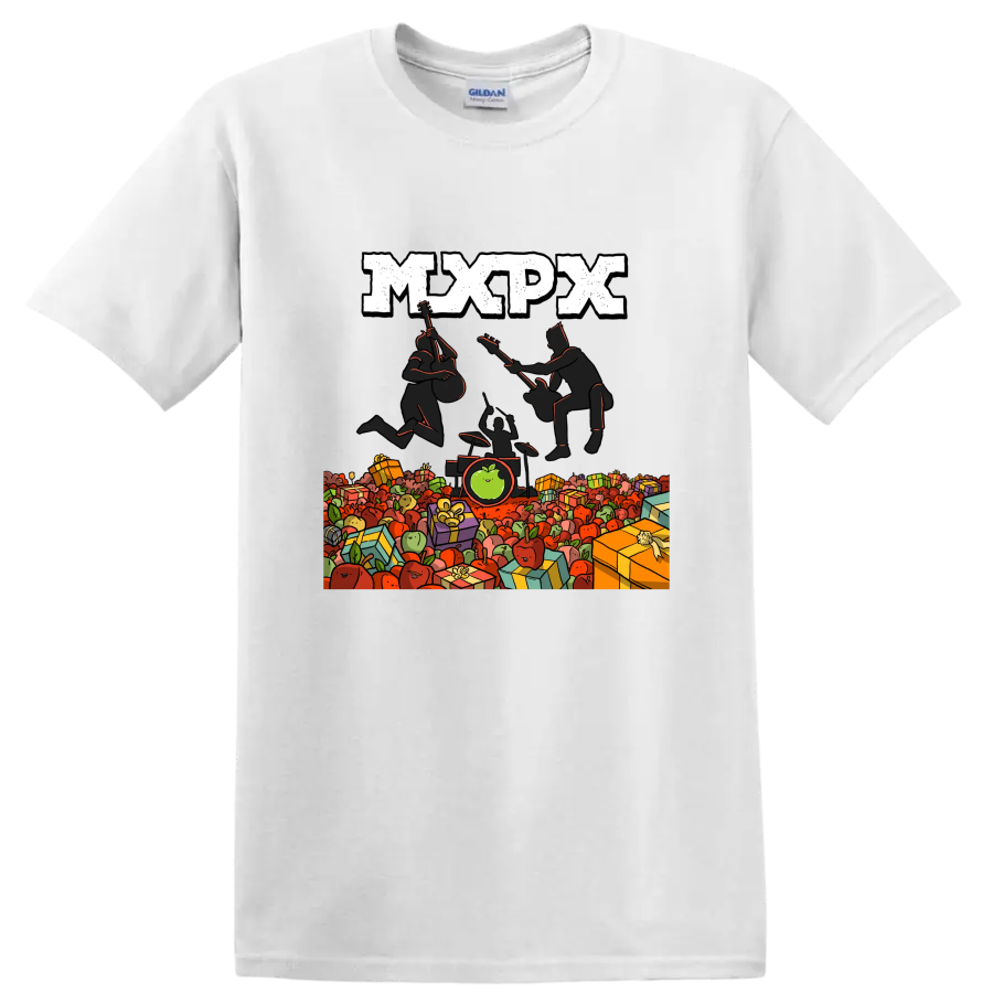 MxPx punk rock graphic with musicians, apples, and wrapped gifts on a White T Shirt