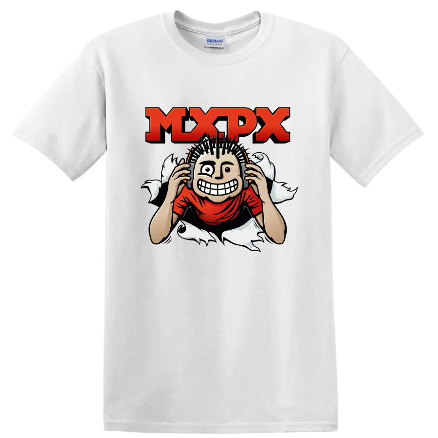 MxPx punk rock graphic with distressed lettering and grinning mohawk character on a White T Shirt