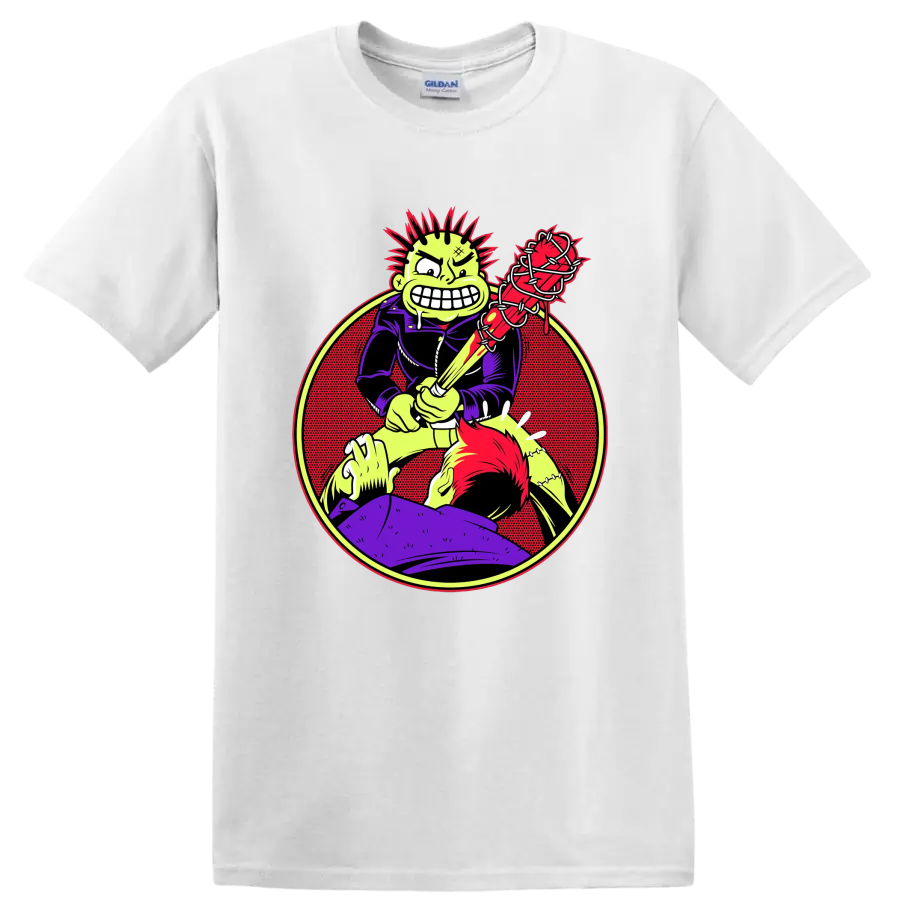MxPx punk rock character with barbed wire bat graphic on a White T Shirt