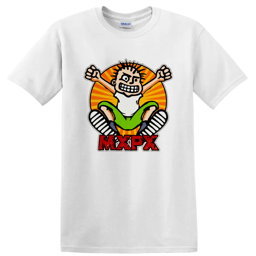 MxPx punk rock cartoon skateboard graphic with distressed red lettering on a White T Shirt