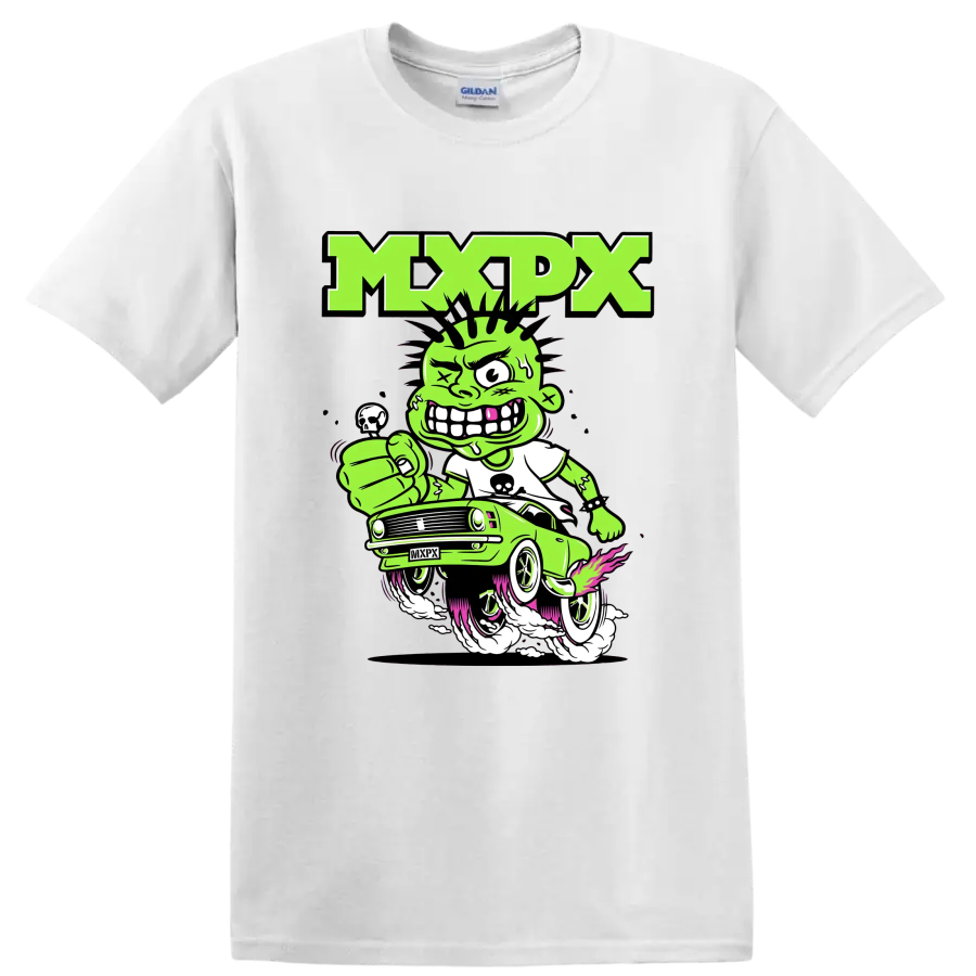 MxPx punk rock cartoon car graphic with green character on a White T Shirt