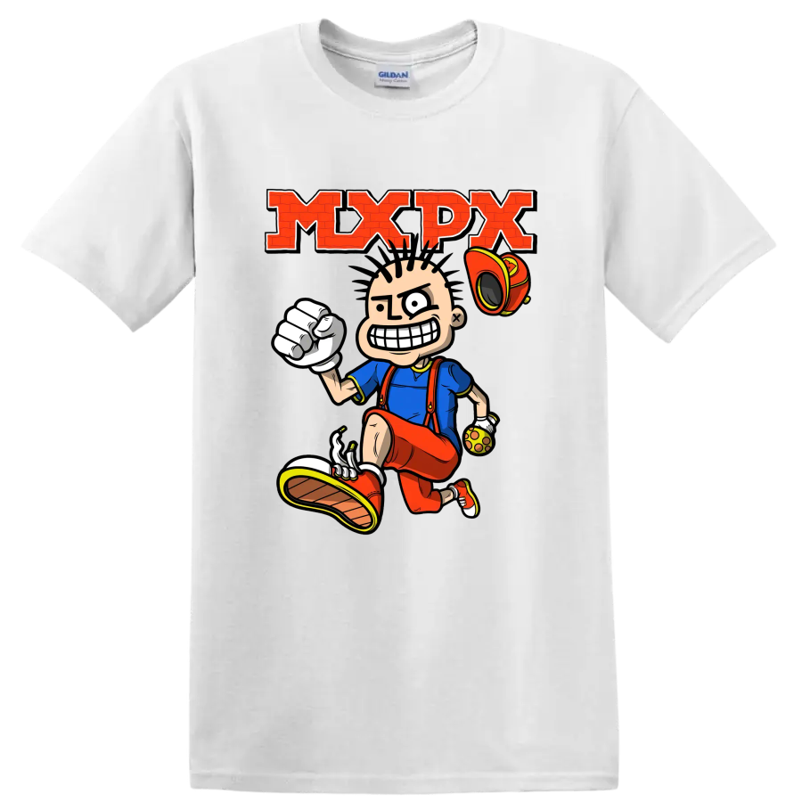 MxPx punk rock cartoon skateboarder graphic with bold red lettering on a White T Shirt