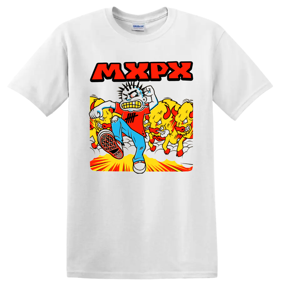 MxPx cartoon skateboarder and yellow creatures punk rock graphic on a White T Shirt