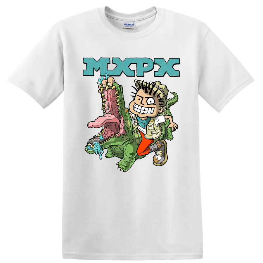 MxPx cartoon punk rock design with character riding a green crocodile on a White T Shirt