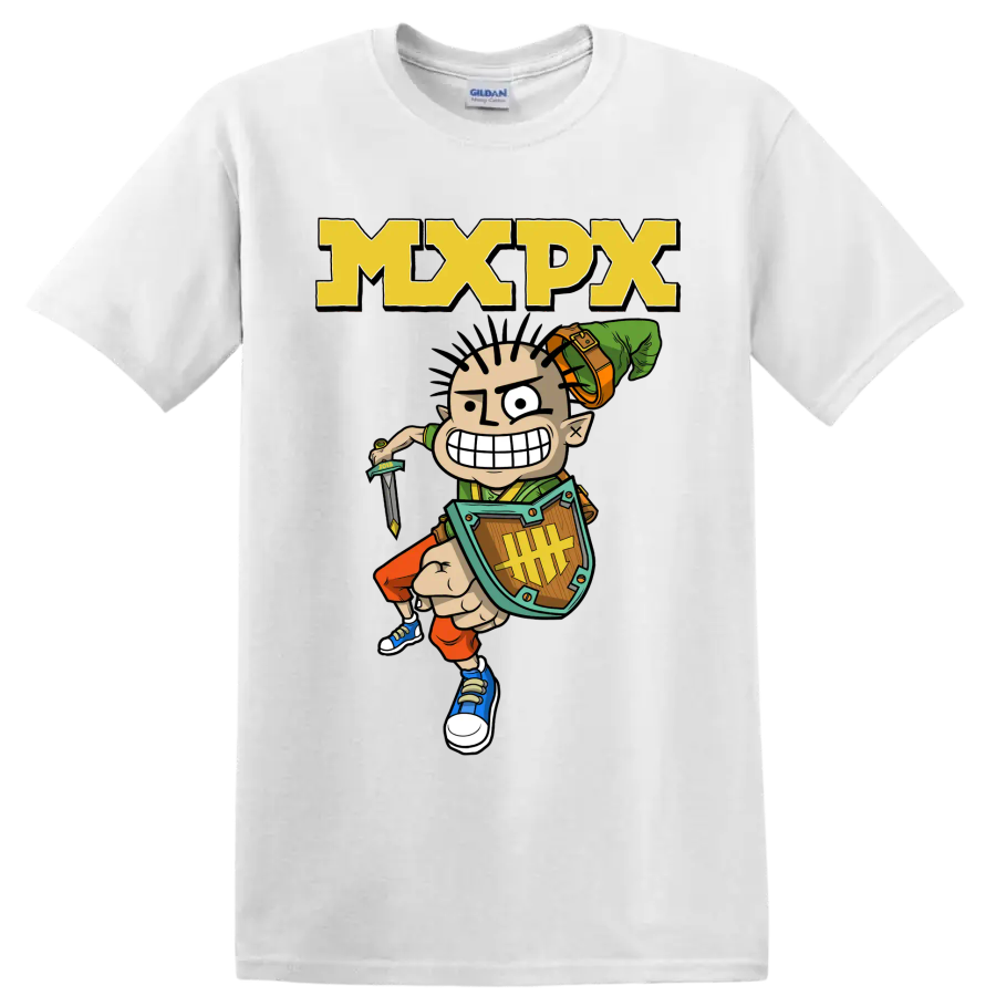 MxPx cartoon warrior punk rock graphic with bold MXPX lettering on a White T Shirt