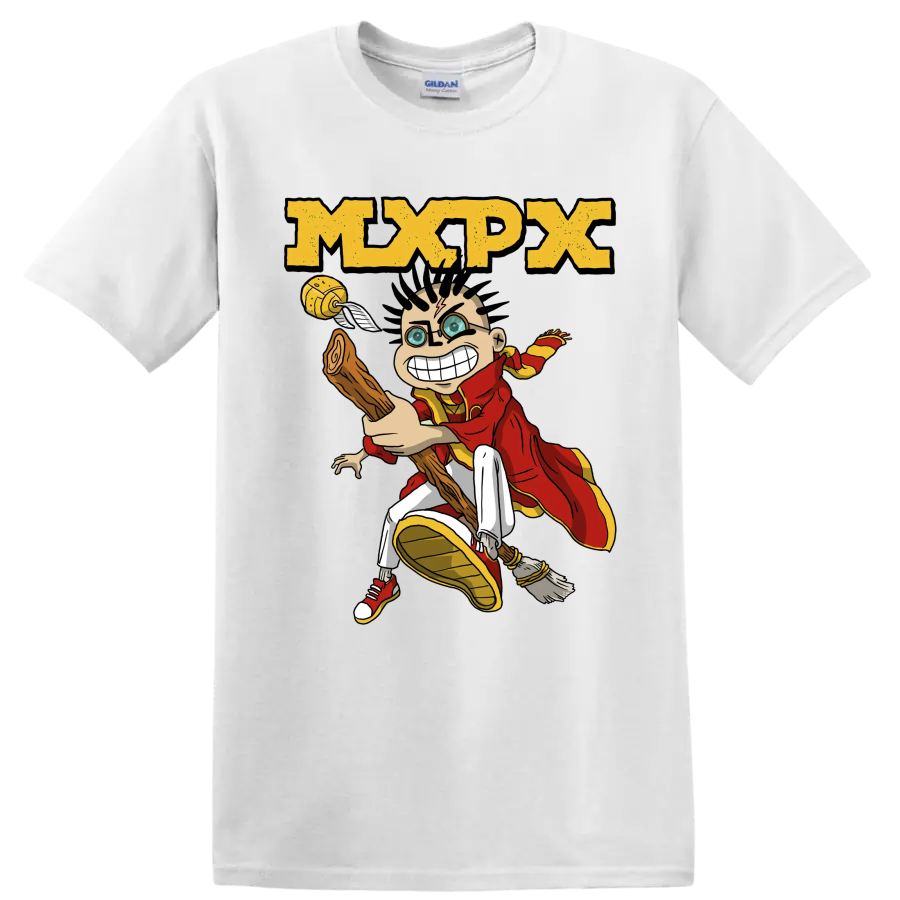 MxPx punk rock cartoon character graphic with distressed logo on a White T Shirt