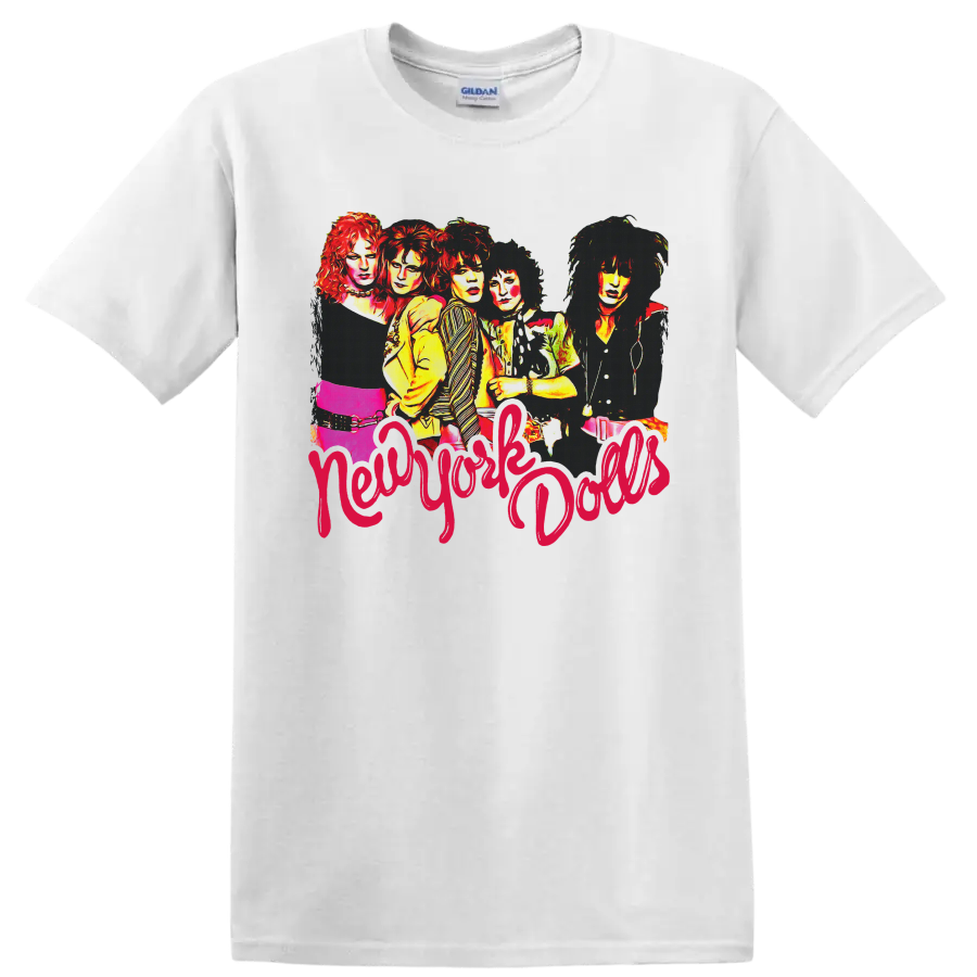 New York Dolls punk rock band graphic with bold red script lettering on a White T Shirt