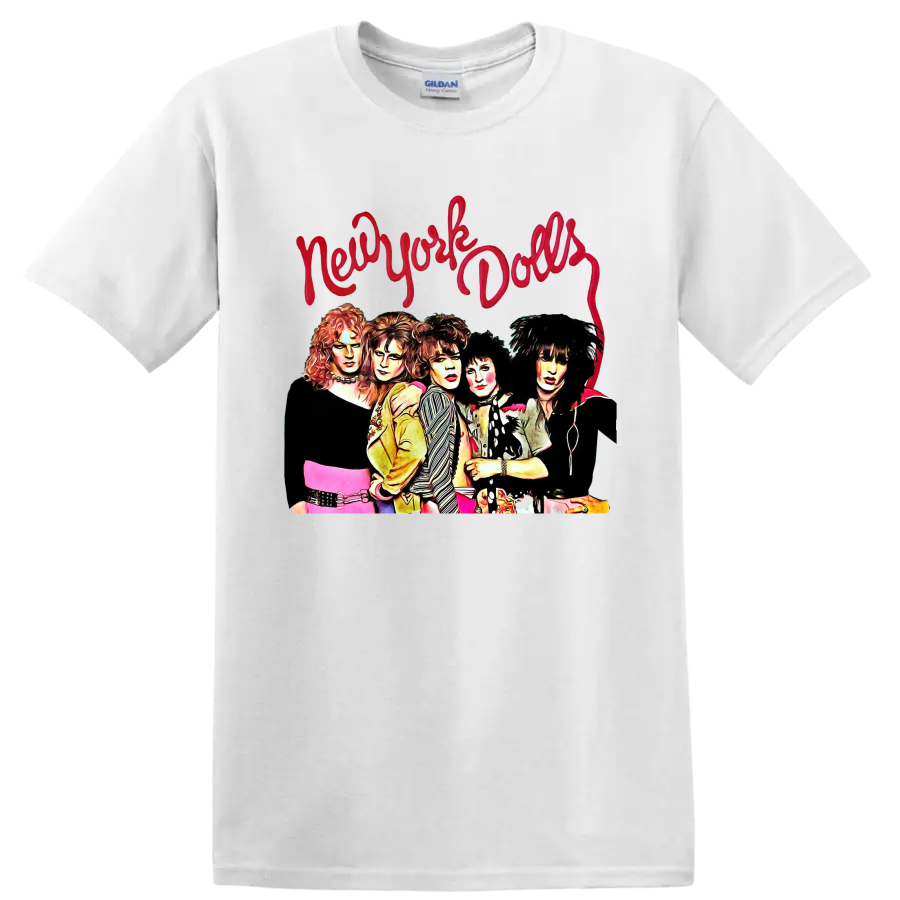 New York Dolls punk rock group portrait with red script lettering on a White T Shirt