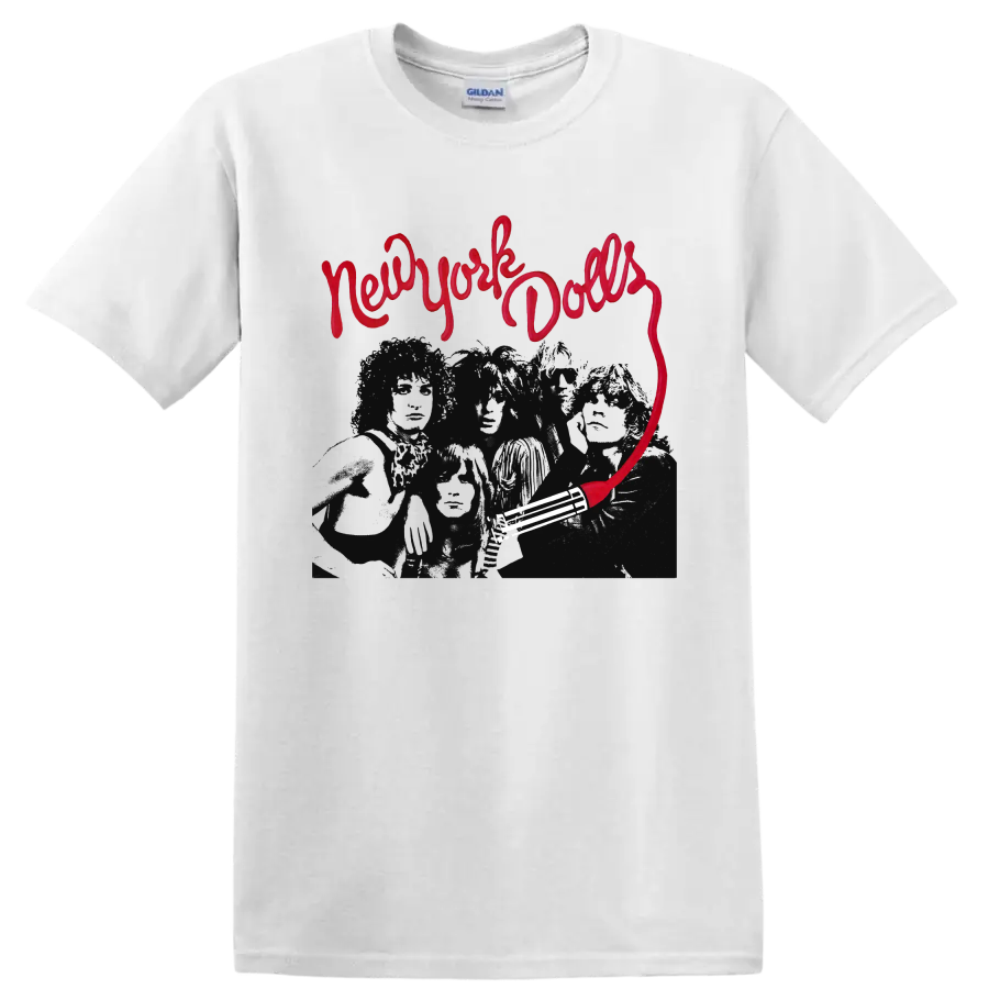New York Dolls red script punk rock graphic with dark band portrait on a White T Shirt