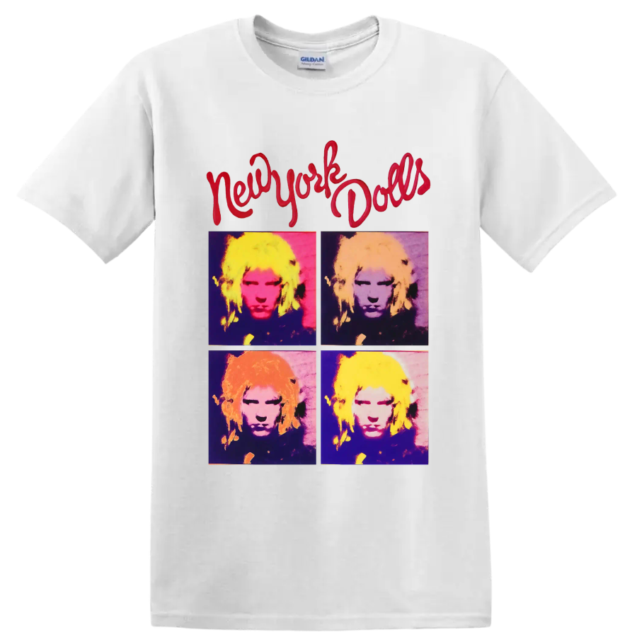 New York Dolls four-panel pop art portrait with red script lettering on a White T Shirt