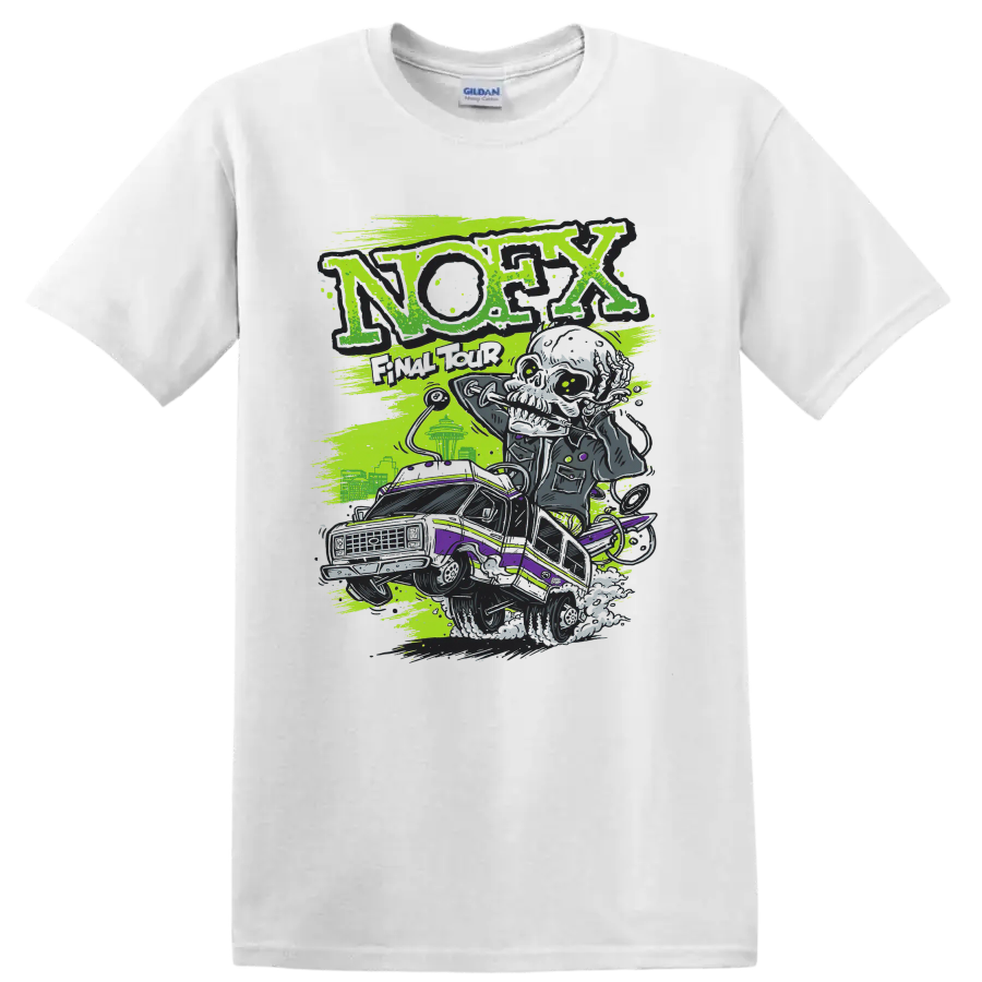 NOFX punk rock lowrider graphic with distressed neon green and purple artwork on a White T Shirt