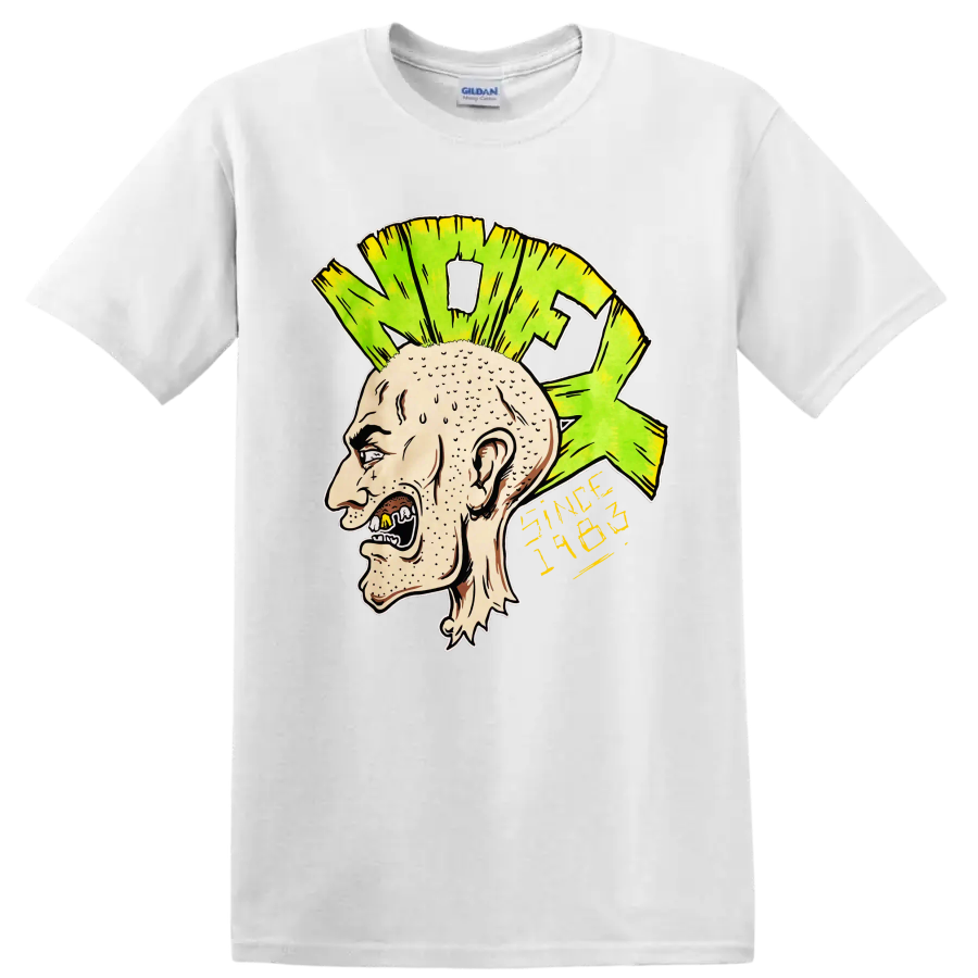 NOFX punk rock illustrated head with bright green mohawk and yellow lettering on a White T Shirt
