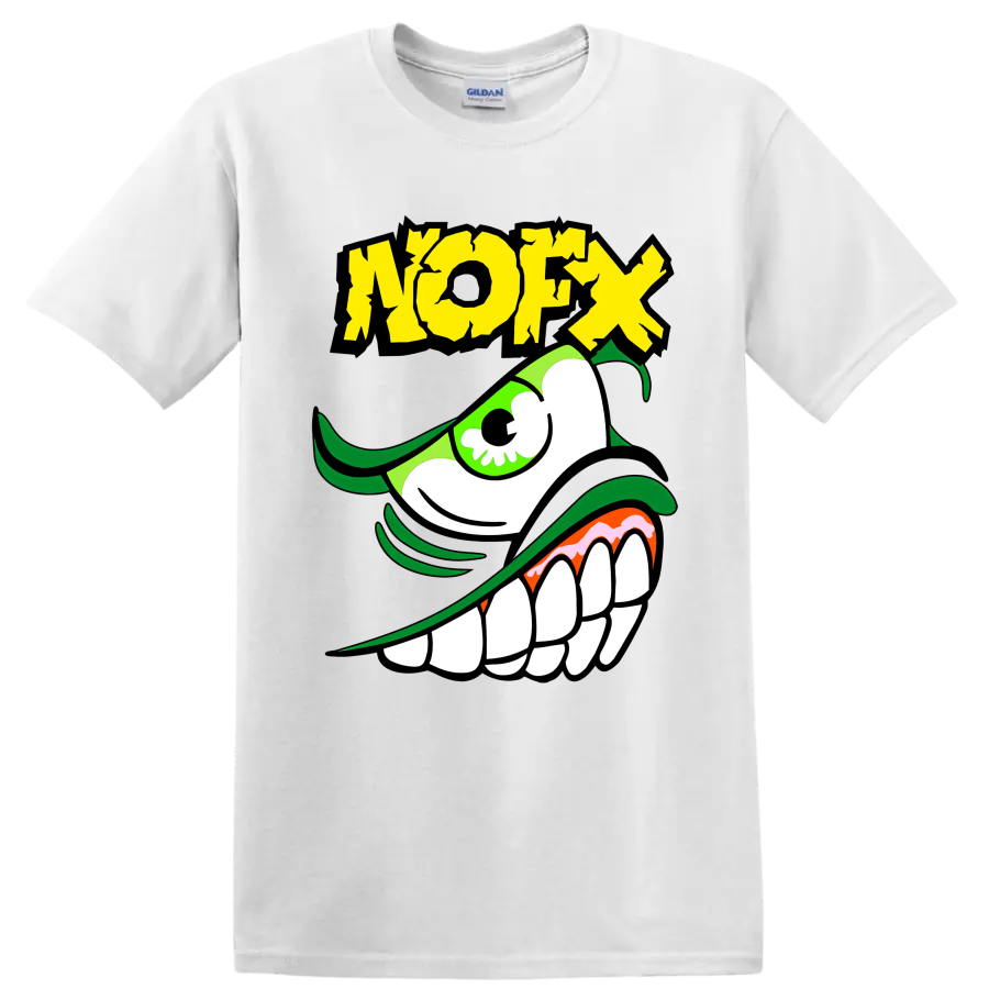 NOFX green monster punk rock graphic with distressed yellow lettering on a White T Shirt