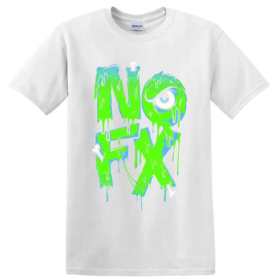 NOFX dripping punk rock band logo in neon green and blue on a White T Shirt