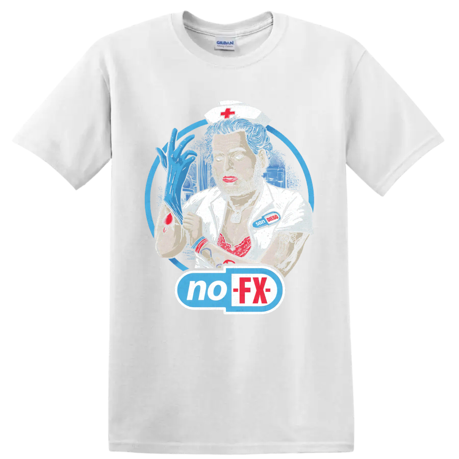 NOFX punk rock nurse illustration with blue hair and no-FX graphic on a White T Shirt