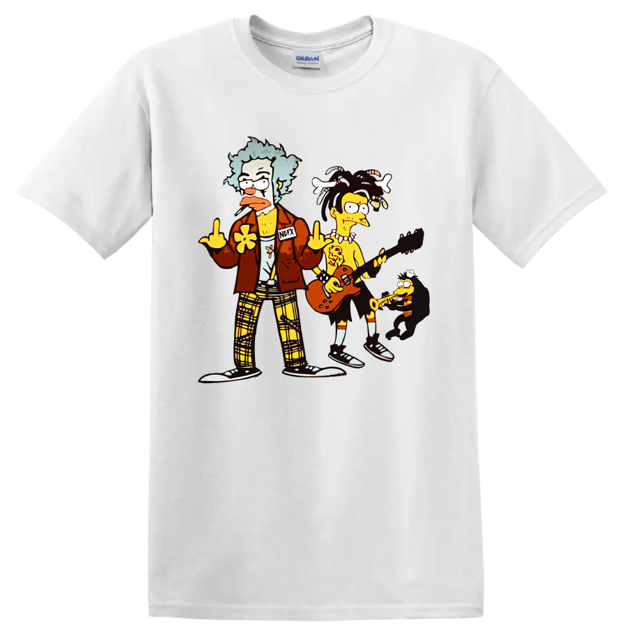 NOFX cartoon punk rock band with guitar and saxophone graphic on a White T Shirt