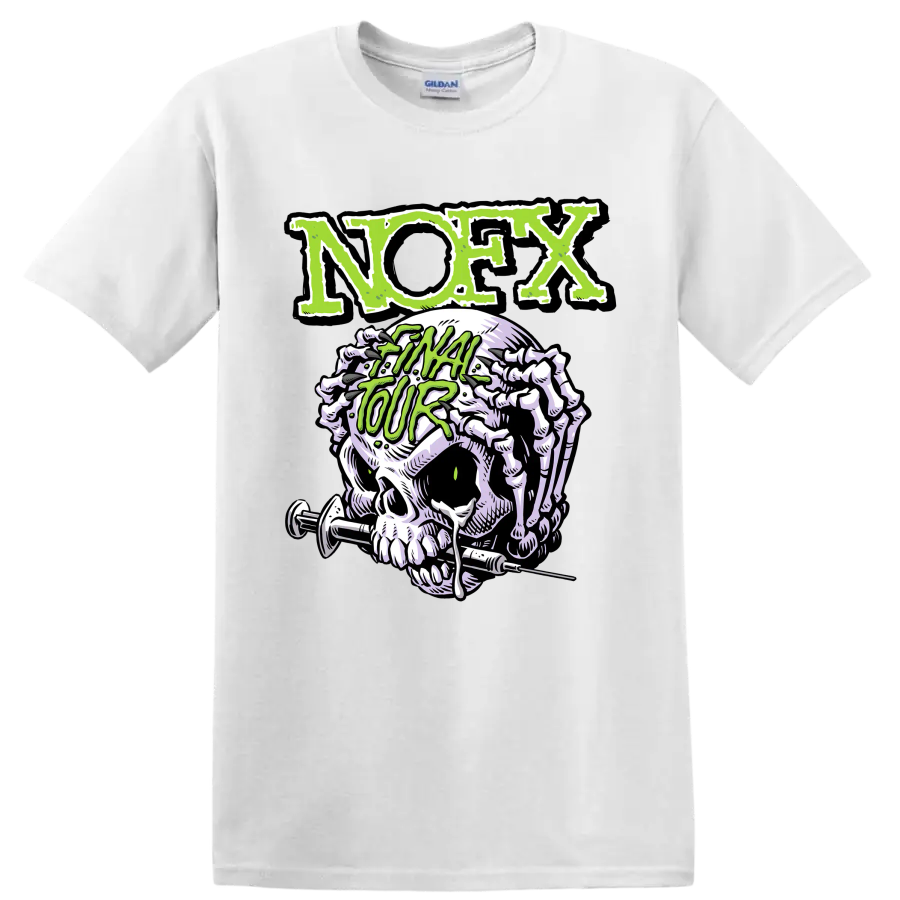 NOFX punk rock skull graphic with distressed green lettering on a White T Shirt