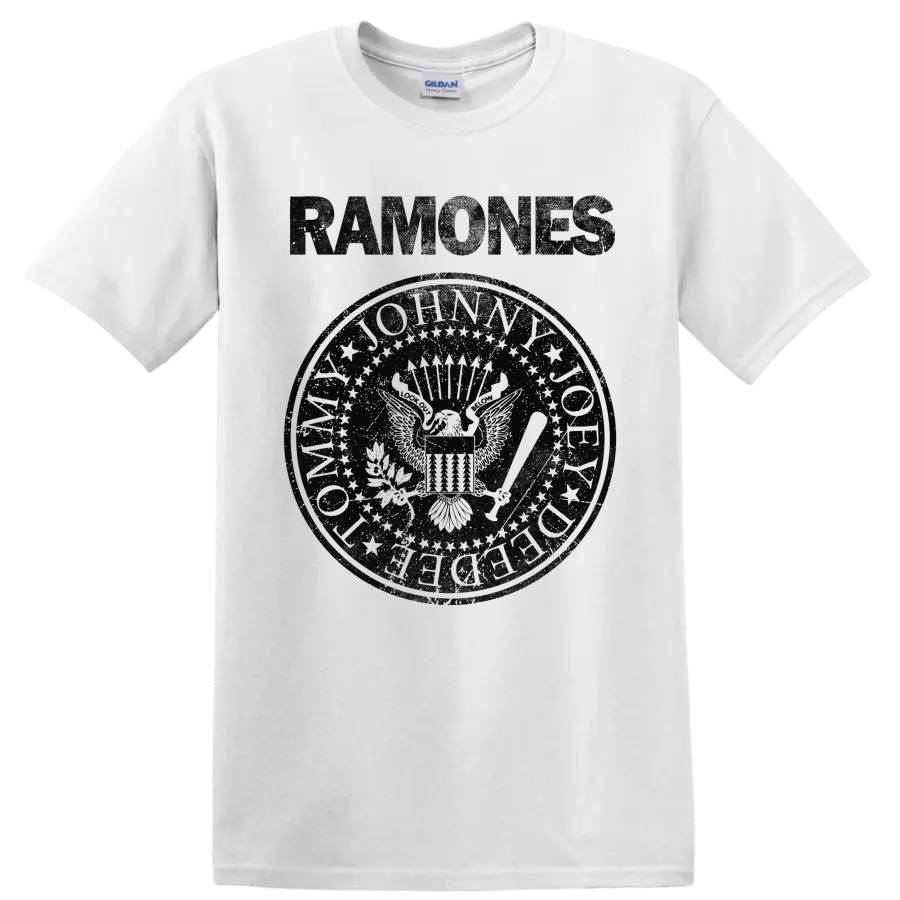 Ramones eagle seal graphic with vintage punk rock lettering on a White T Shirt