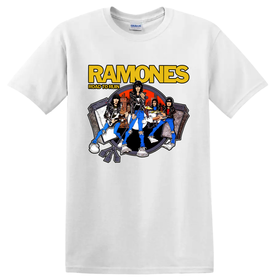 Ramones Road to Ruin illustrated punk rock band graphic print on a White T Shirt