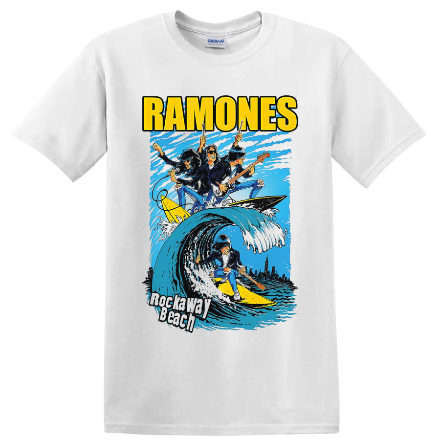 Ramones punk rock band surfing wave graphic with guitars on a White T Shirt