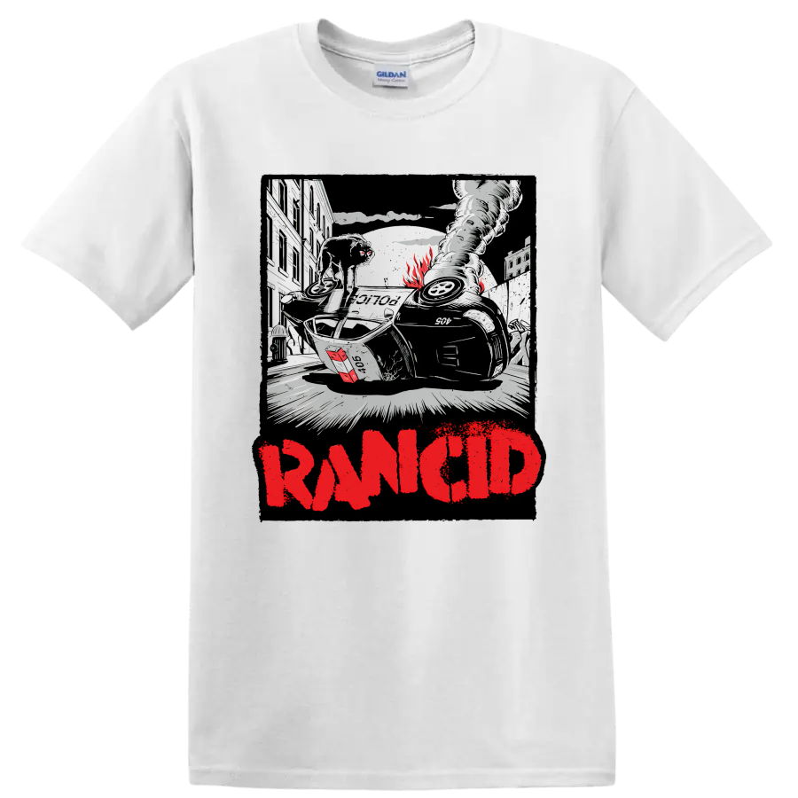 Rancid distressed punk rock graphic with urban wreckage and bold red lettering on a White T Shirt