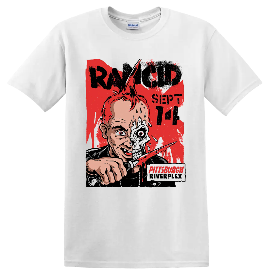 Rancid punk rock distressed half-skull artwork with Pittsburgh lettering on a White T Shirt