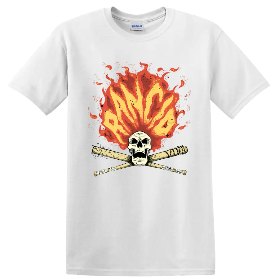 Rancid punk rock skull with crossed bats and distressed flames on a White T Shirt