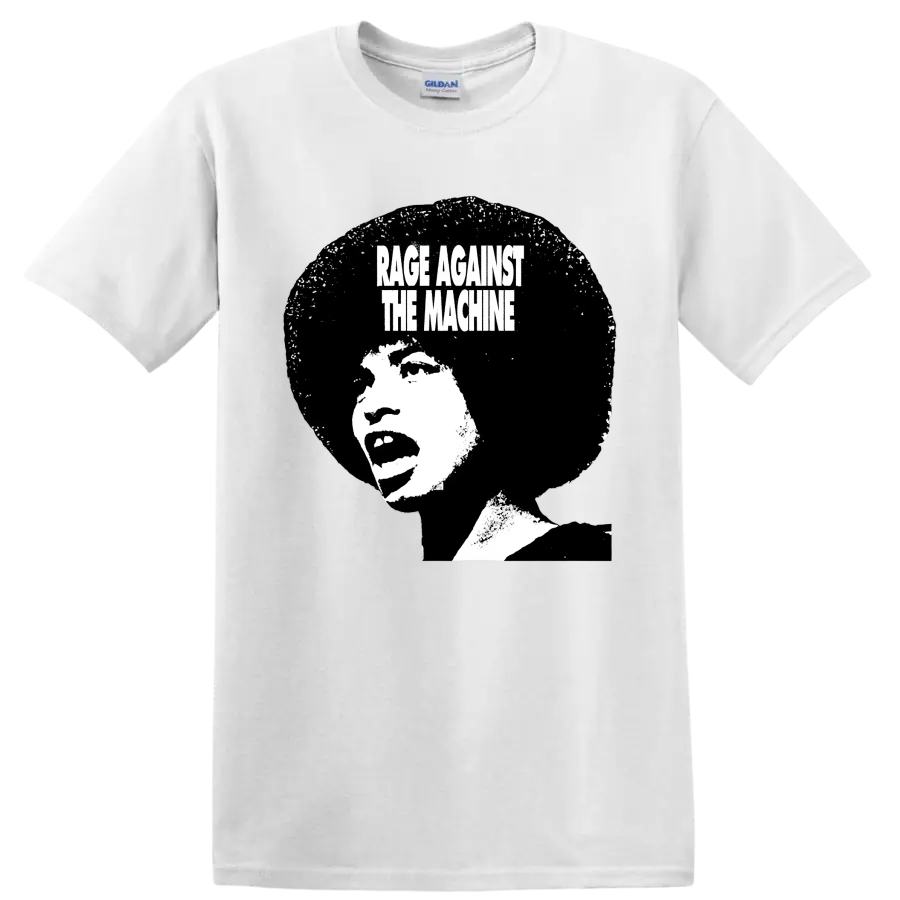 Rage Against the Machine distressed black and white portrait graphic on a White T Shirt