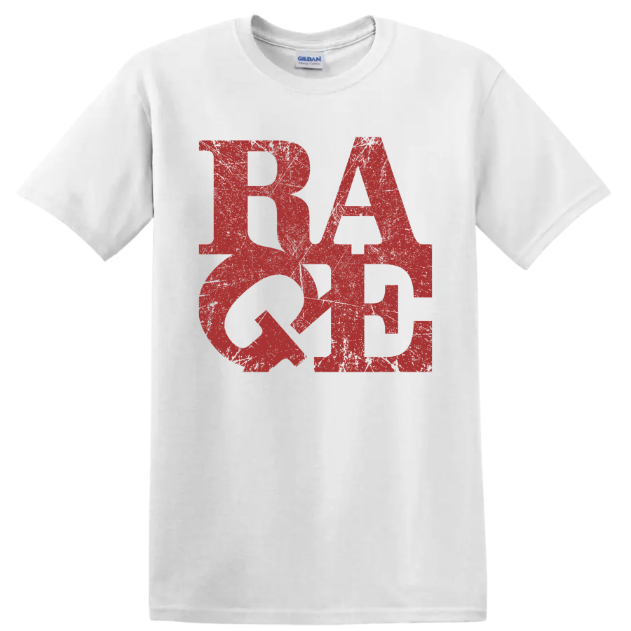 Distressed red RATM logo graphic print on a White T Shirt