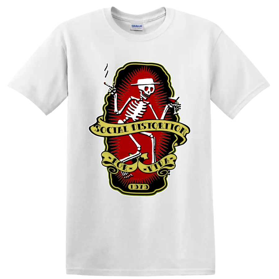 Social Distortion skeleton punk rock band logo with vintage banners on a White T Shirt