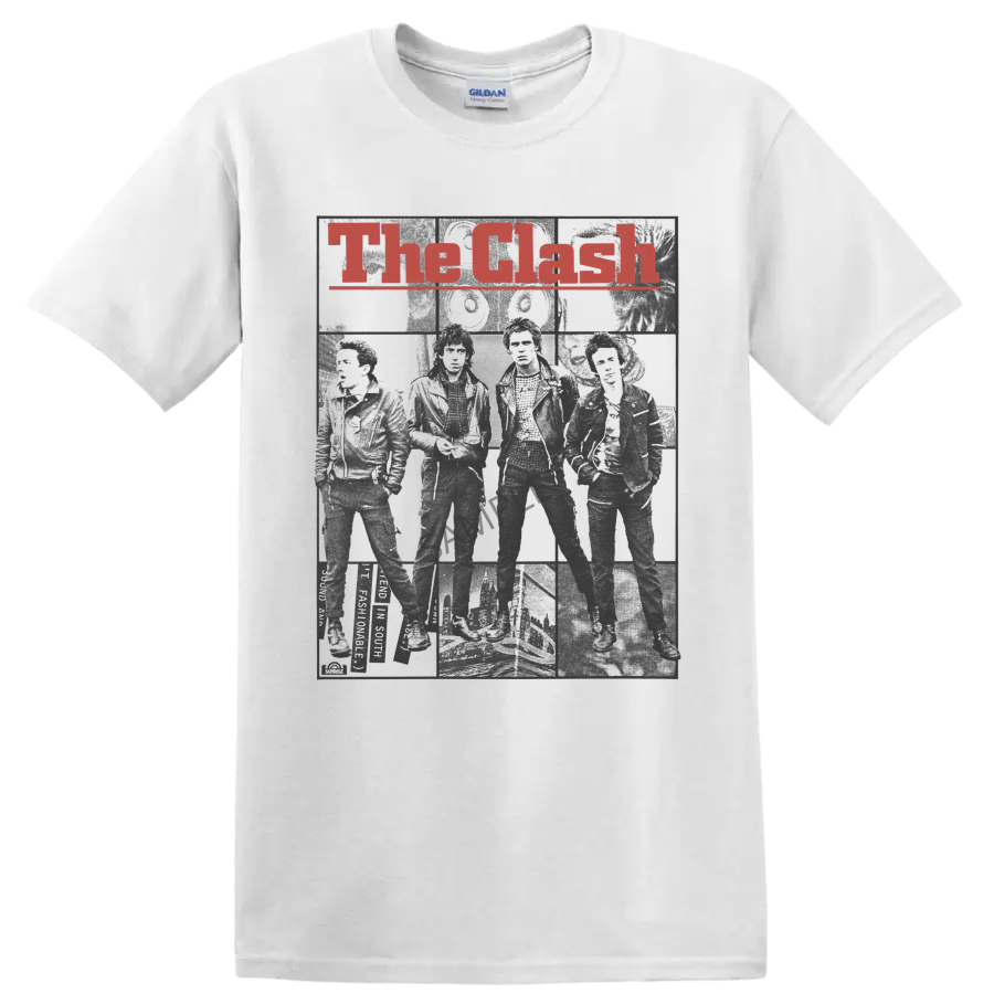 The Clash distressed red lettering over a gritty monochrome band collage on a White T Shirt