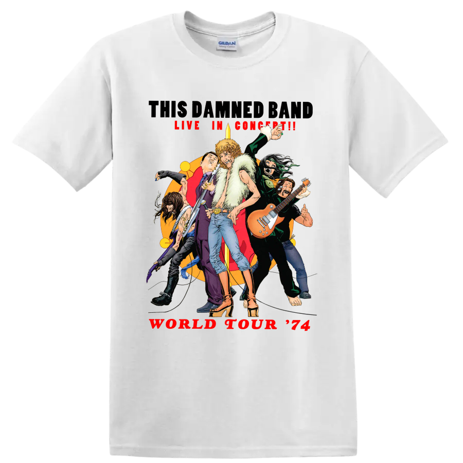 The Damned World Tour 74 vintage punk rock musicians graphic on a White T Shirt
