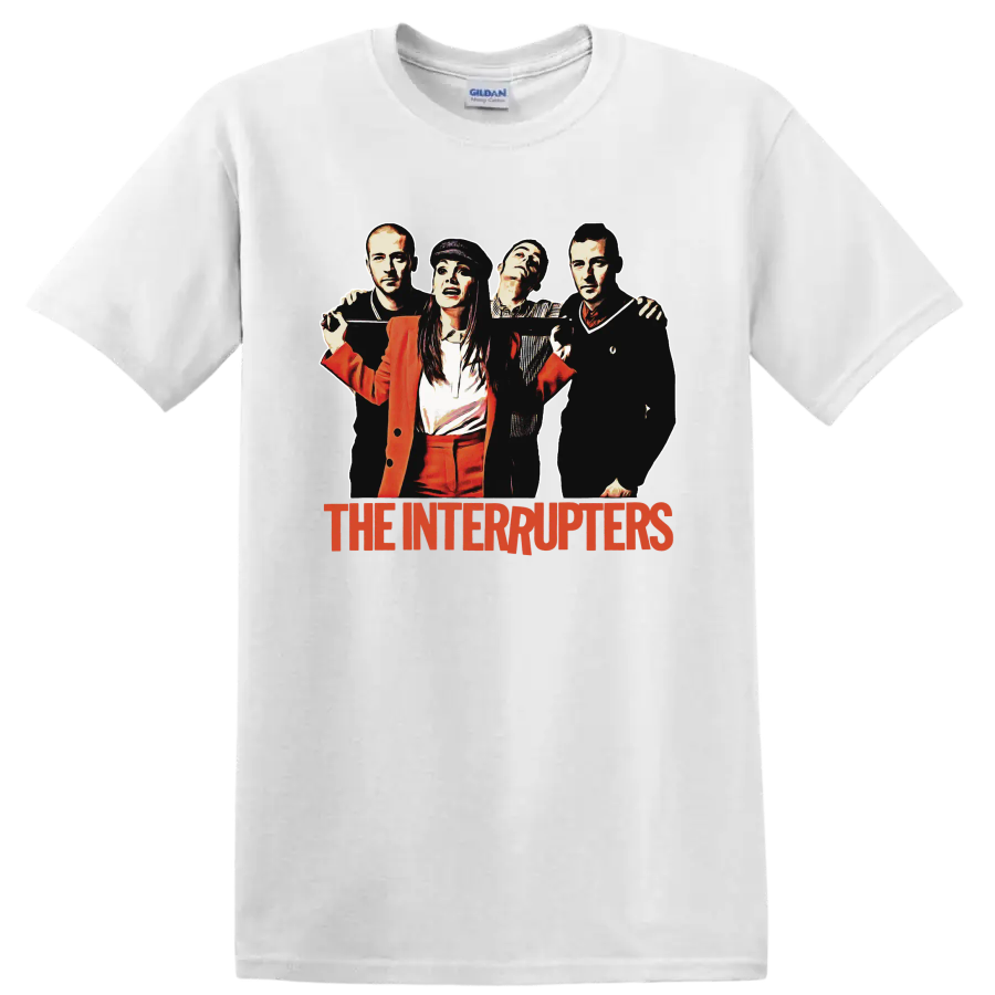 The Interrupters punk rock band portrait with red band name graphic on a White T Shirt